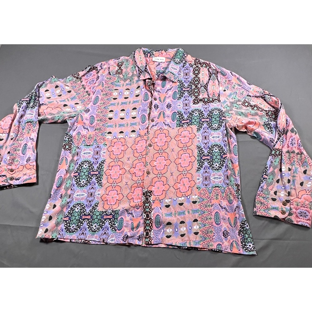 Raga Man Patchwork Print Viscose Button Down‎ Shirt Mens 2X Pink Purple MRW145